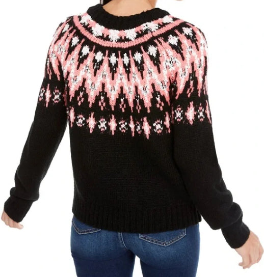 Hooked Up By IOT Junior's Fair Isle Crewneck Sweater Black Size X-Large