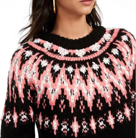 Hooked Up By IOT Junior's Fair Isle Crewneck Sweater Black Size X-Large