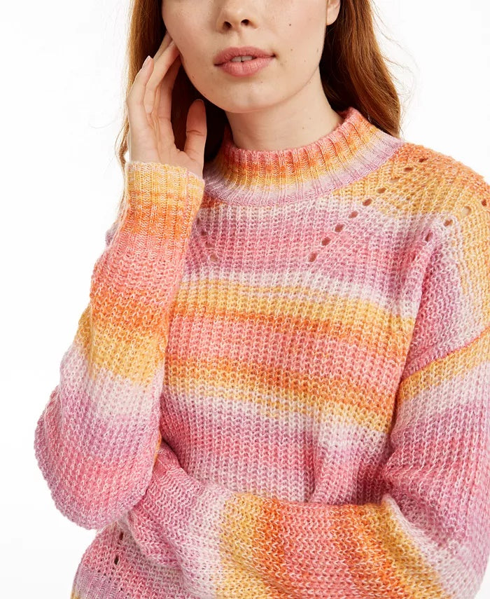 Hooked Up Women's By IOT Juniors' Striped Mock-Neck Sweater Pink Size Extra Large