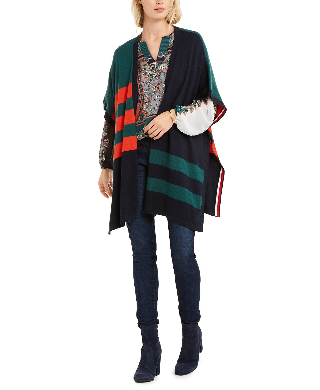 Tommy Hilfiger Women's Colorblocked Poncho Cardigan Blue Size Extra Large