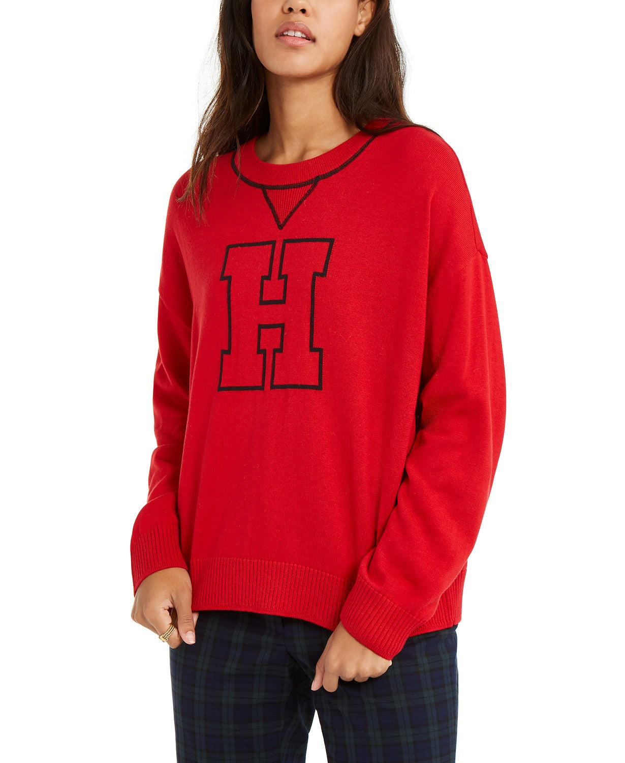 Tommy Hilfiger Women's Crewneck Varsity Sweater  Red Size Extra Large