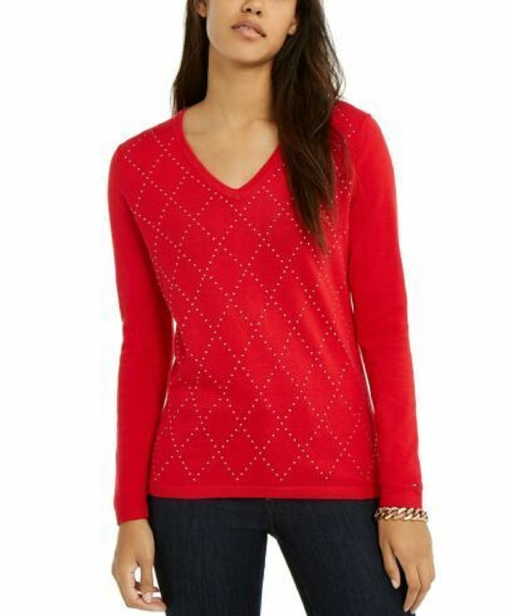 Tommy Hilfiger Women's Studded Argyle Cotton Sweater Red Size X-Large