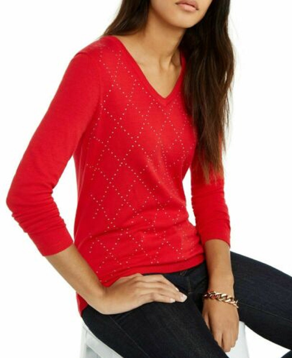 Tommy Hilfiger Women's Studded Argyle Cotton Sweater Red Size X-Large