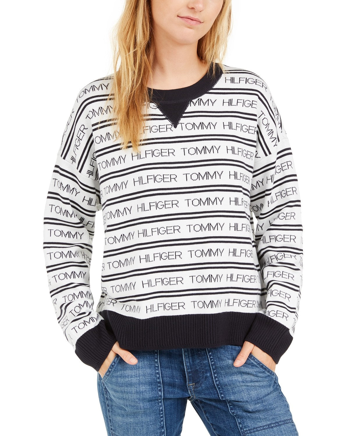 Tommy Hilfiger Women's Logo-Striped Sweater White Size X-Large