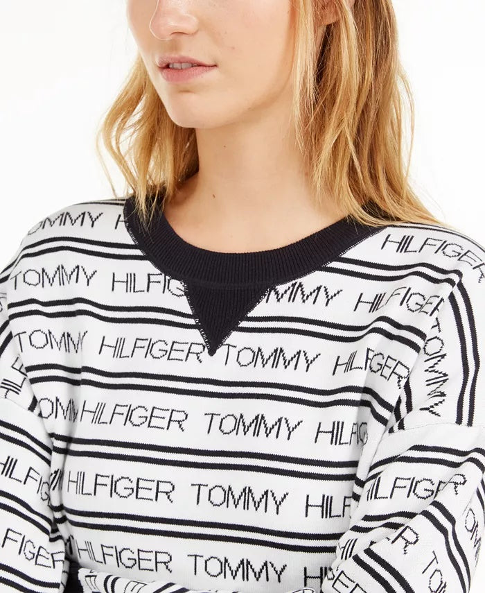 Tommy Hilfiger Women's Logo-Striped Sweater White Size X-Large