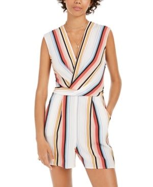 Speechless Juniors' Surplice Striped Romper Natural Size Small