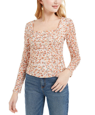 Crave Fame Juniors'  Ruched Mesh Top Ivory Combo Size Extra Large