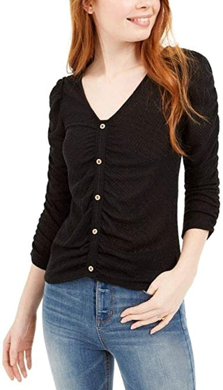 Crave Fame Juniors' Ruched Textured Top Black Size Small