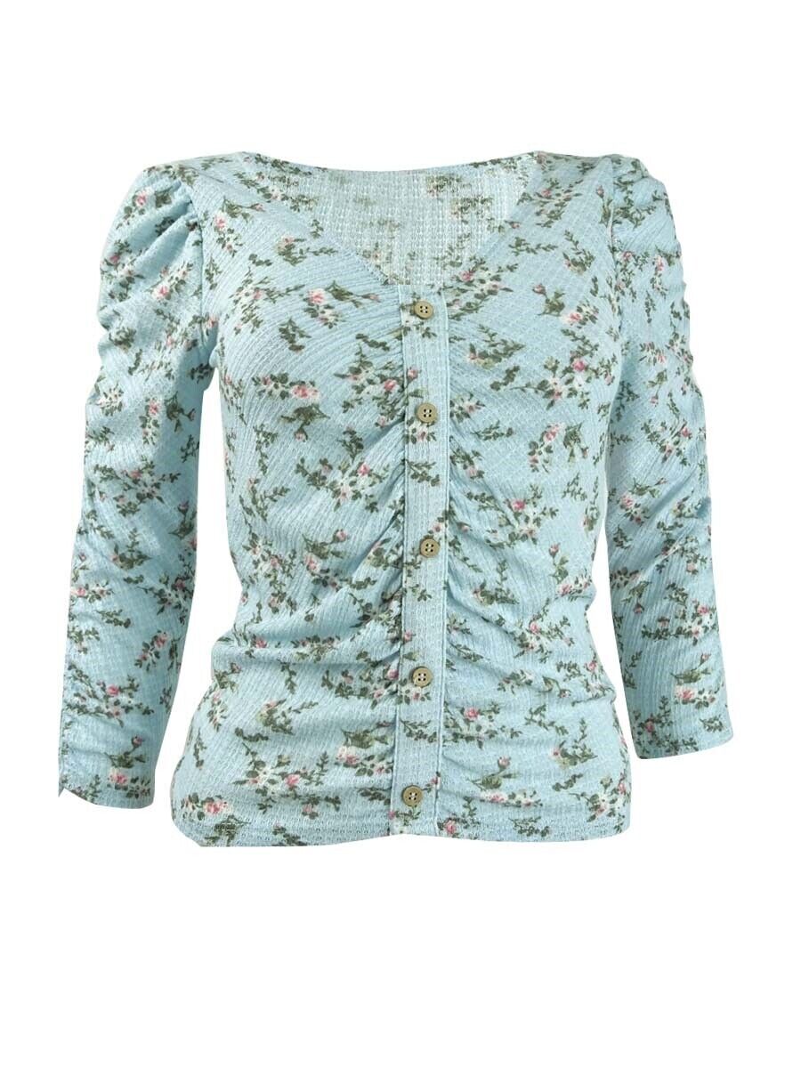 Crave Fame Juniors' Ruched Floral Top Blue Size Medium