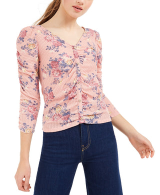Crave Fame Juniors' Ruched Floral Top Pink Size Extra Small