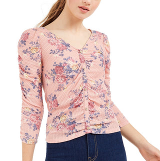 Crave Fame Juniors' Ruched Floral Top Pink Size Extra Small
