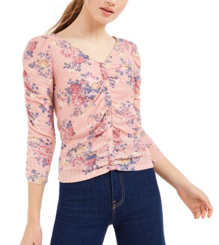 Crave Fame Junior's Ruched Floral Top Pink Size Large