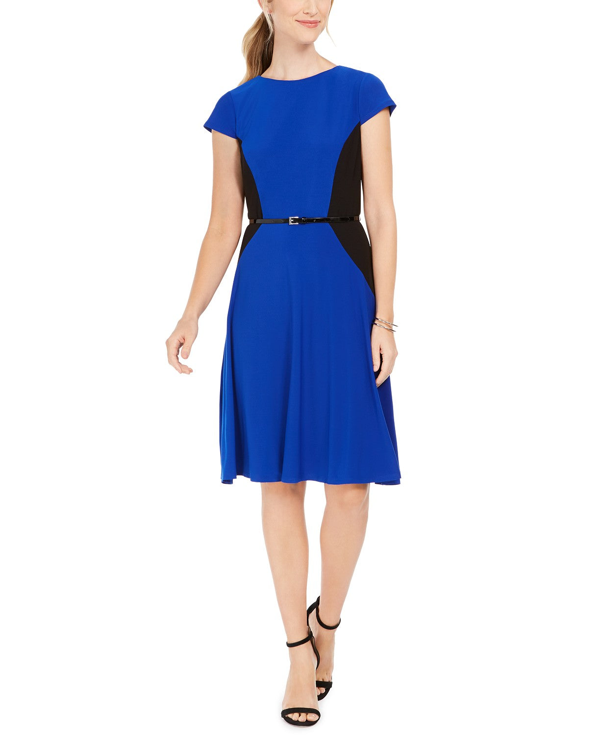 Jessica Howard Women's Belted Colorblocked Fit & Flare Dress Blue Size 16