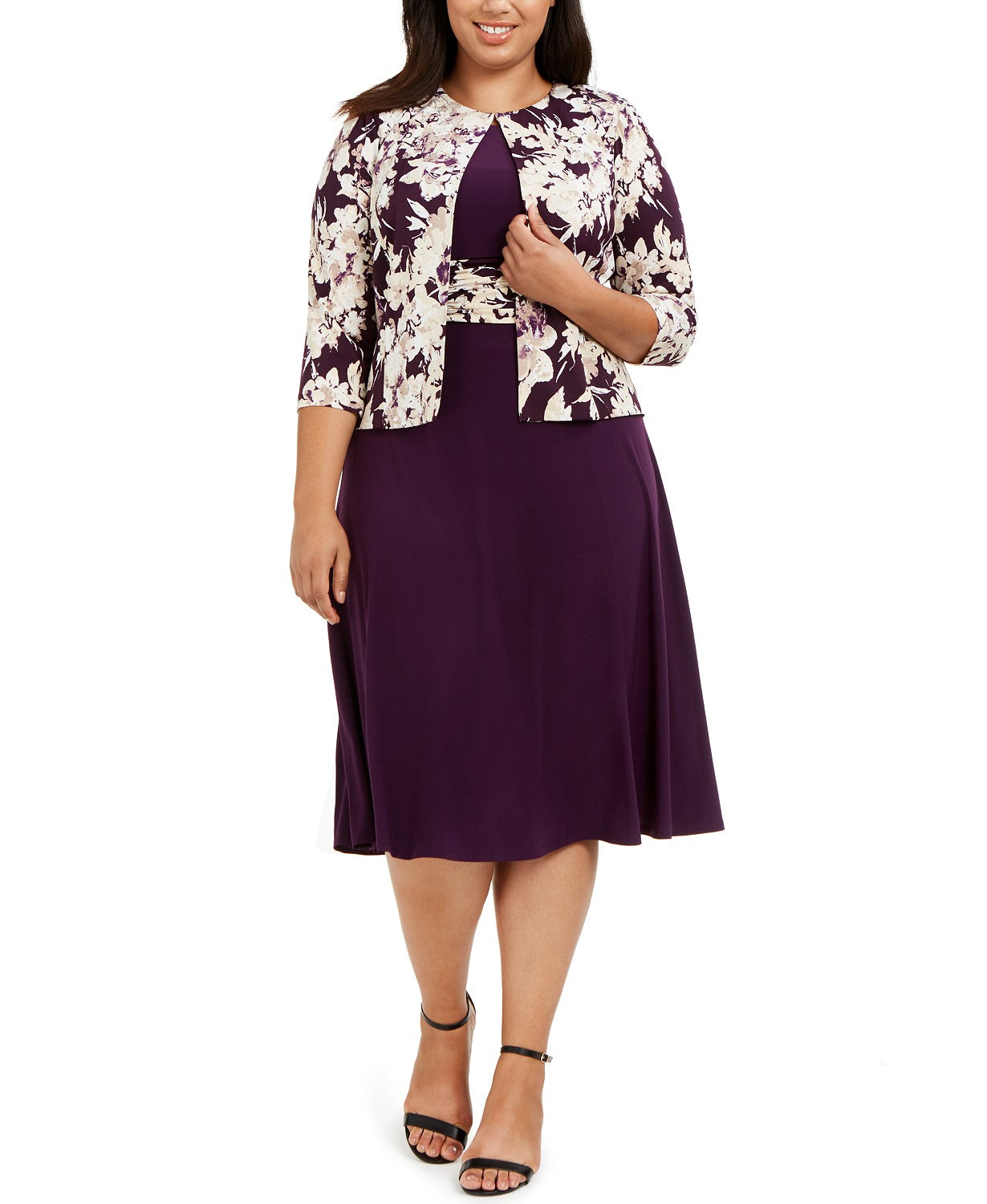 Jessica Howard Women's Plus Size Ruched-Waist Dress & Floral-Print Jacket Purple Size 14