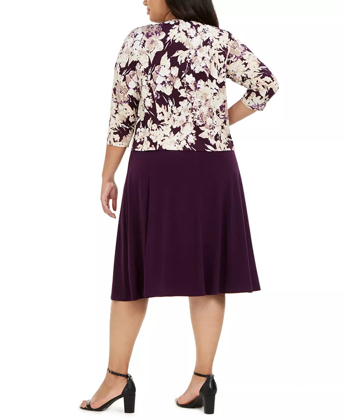 Jessica Howard Women's Plus Size Ruched-Waist Dress & Floral-Print Jacket Purple Size 14