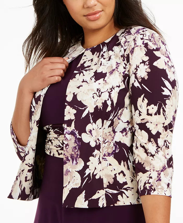 Jessica Howard Women's Plus Size Ruched-Waist Dress & Floral-Print Jacket Purple Size 14