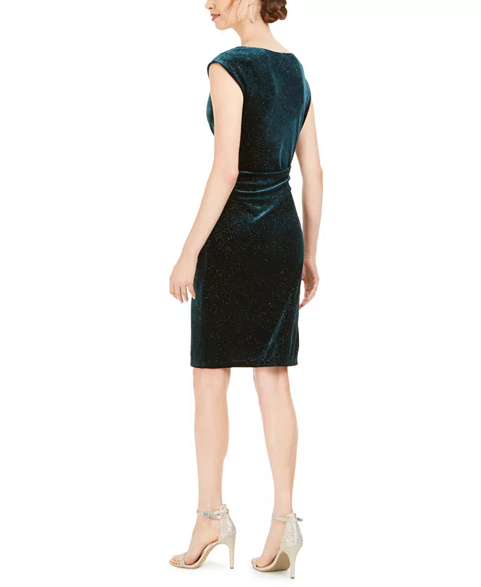 Jessica Howard Women's Cowlneck Glitter-Velvet Sheath Dress Dark Green Size 12