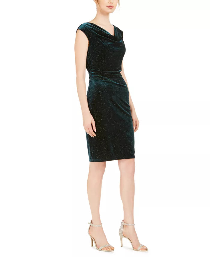Jessica Howard Women's Cowlneck Glitter-Velvet Sheath Dress Dark Green Size 12