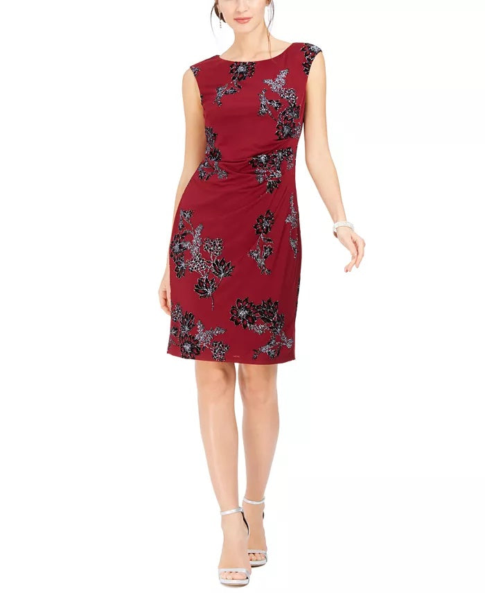 Jessica Howard Women's Velvet Sparkle Sheath Dress Red Size 12 Petite
