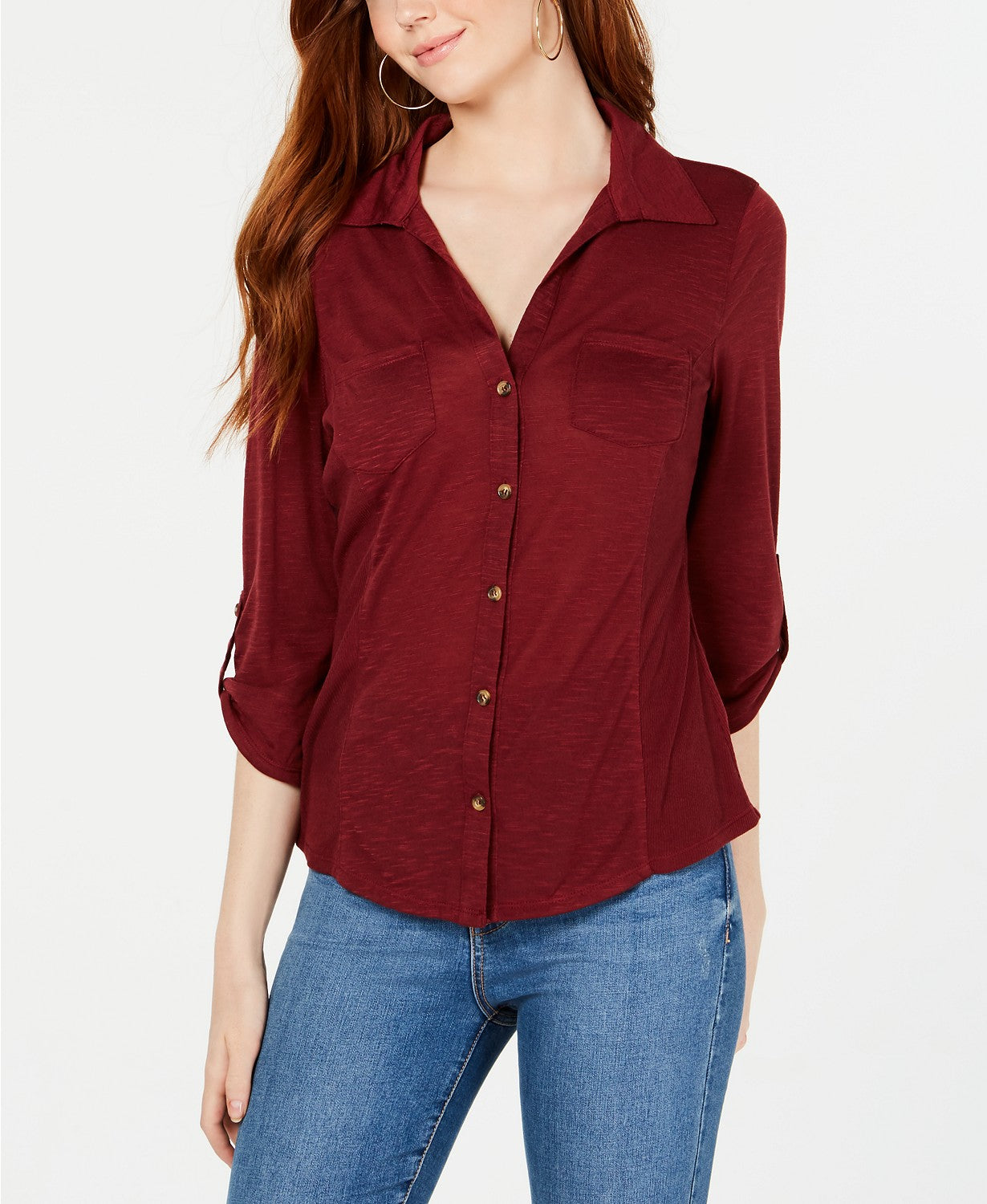 Crave Fame Juniors' Roll-Sleeve Button-Front Shirt Red Size Extra Small