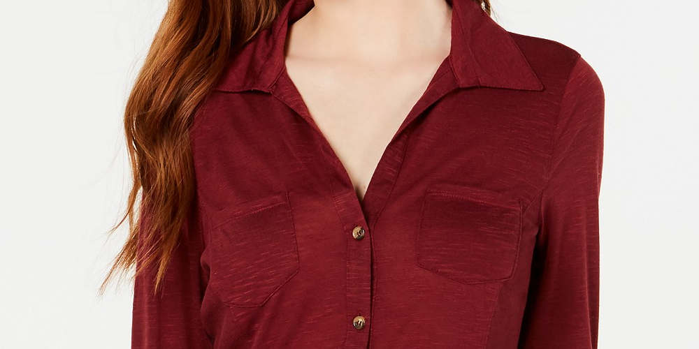 Crave Fame Juniors' Roll-Sleeve Button-Front Shirt Red Size Extra Small