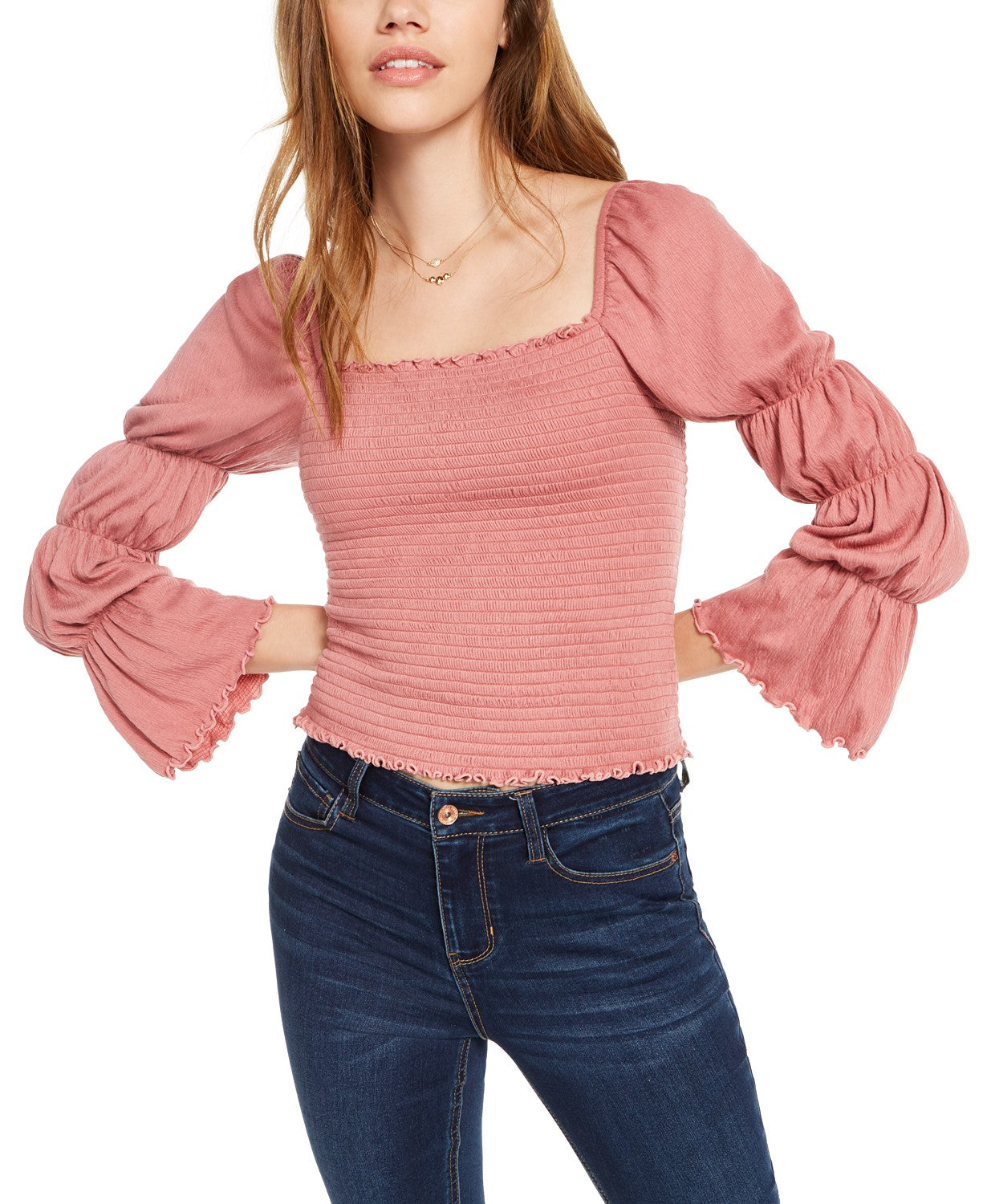 Rewash Juniors Women's Smocked Ruffle-Trimmed Top Pink Size Extra Small