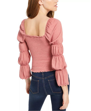Rewash Juniors Women's Smocked Ruffle-Trimmed Top Pink Size Extra Small