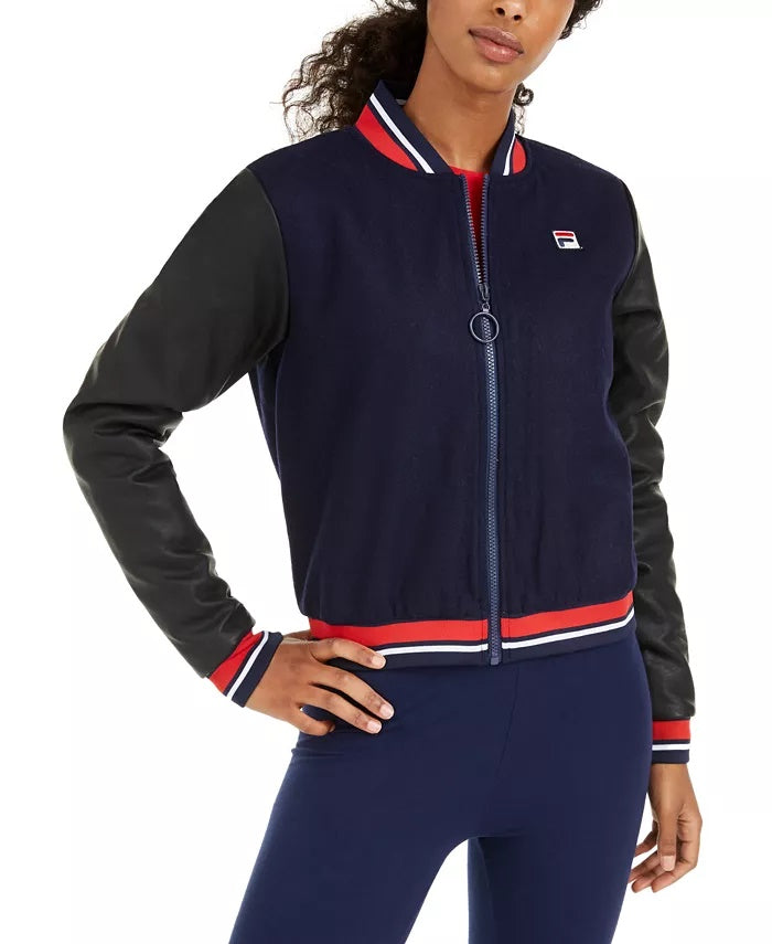 Fila Women's Anais Varsity-Stripe Bomber Jacket Navy Size Extra Small