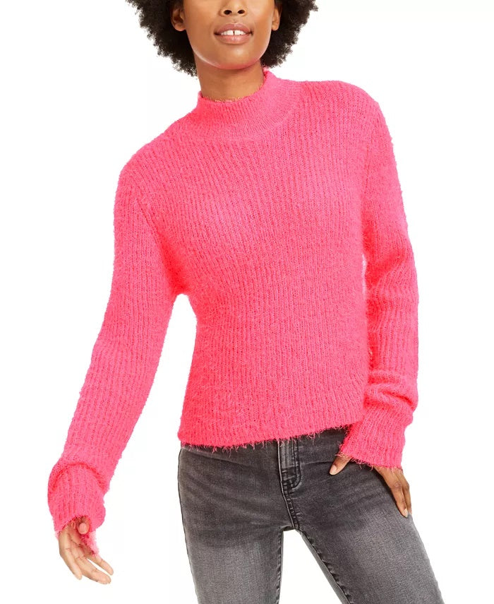 Planet Gold Juniors' Eyelash Mock-Neck Sweater Pink Size Small
