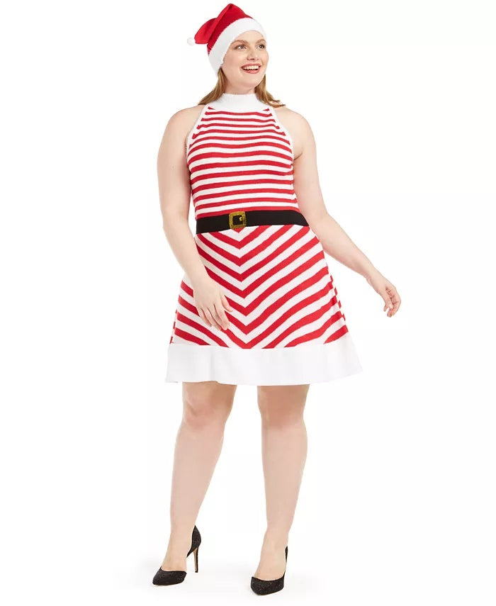 Planet Gold Women's Trendy Plus Size Striped Fit & Flare Dress & Santa Hat Red Size 2X