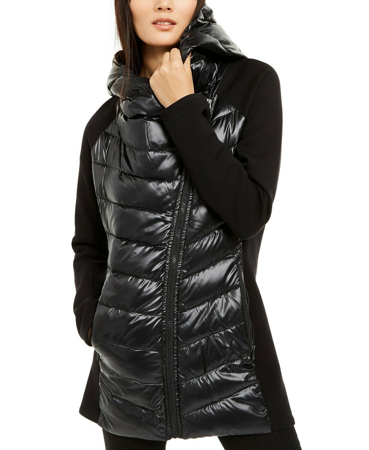 Calvin Klein Women's Asymmetrical Mixed-Media Puffer Jacket Black Size Large