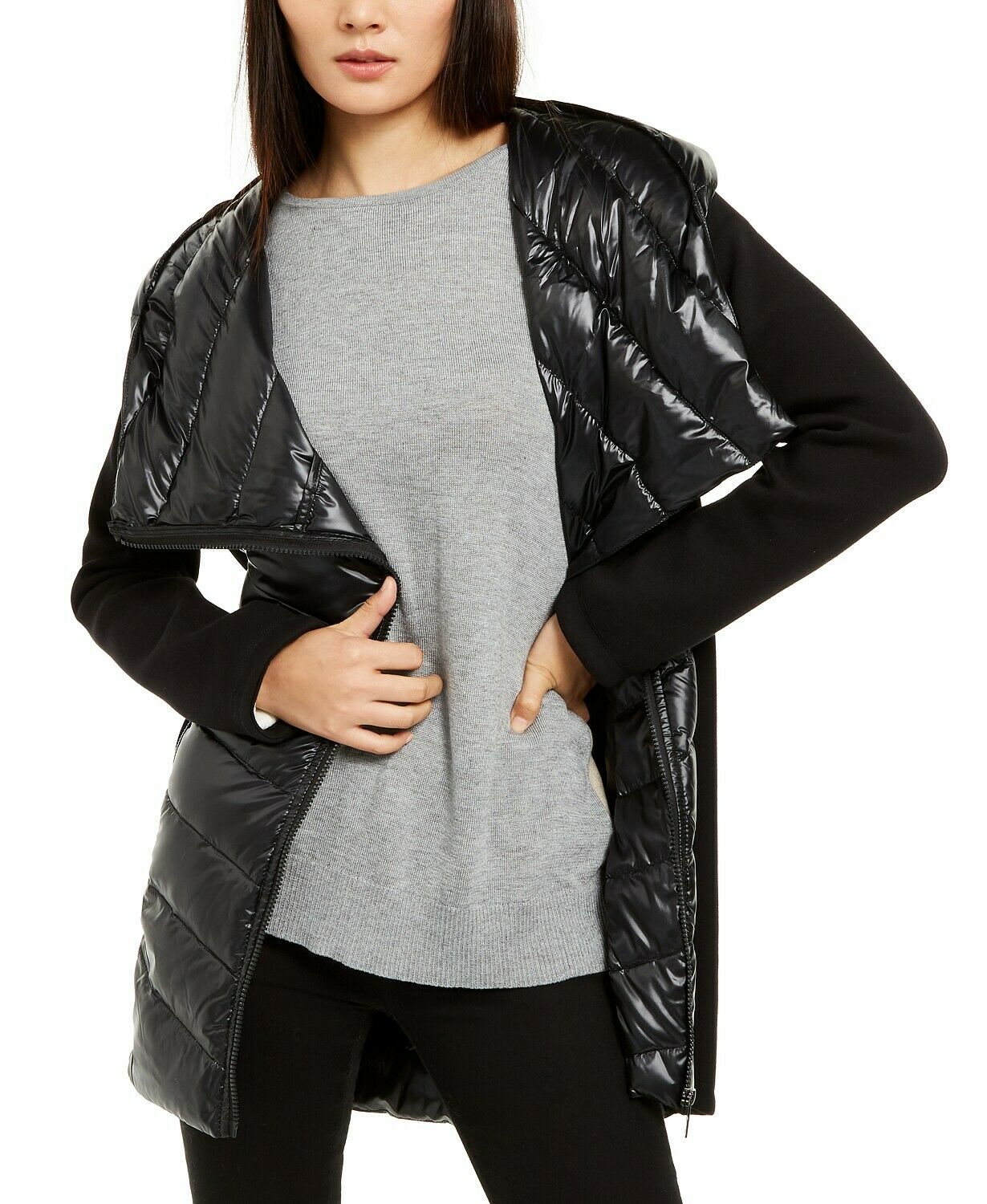 Calvin Klein Women's Asymmetrical Mixed-Media Puffer Jacket Black Size Large