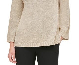 Calvin Klein Women's Button-Shoulder Metallic Sweater Brown Size Small