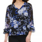 Calvin Klein Women's Printed Ruffle Sleeve Blouse Bright Blue Size Large