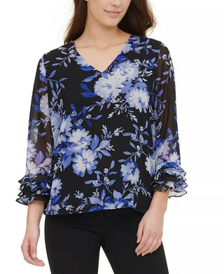 Calvin Klein Women's Printed Ruffle Sleeve Blouse Bright Blue Size Large