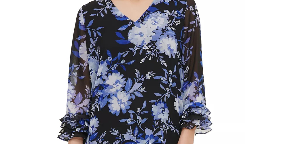 Calvin Klein Women's Printed Ruffle Sleeve Blouse Bright Blue Size Large