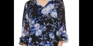 Calvin Klein Women's Printed Ruffle Sleeve Blouse Bright Blue Size Large