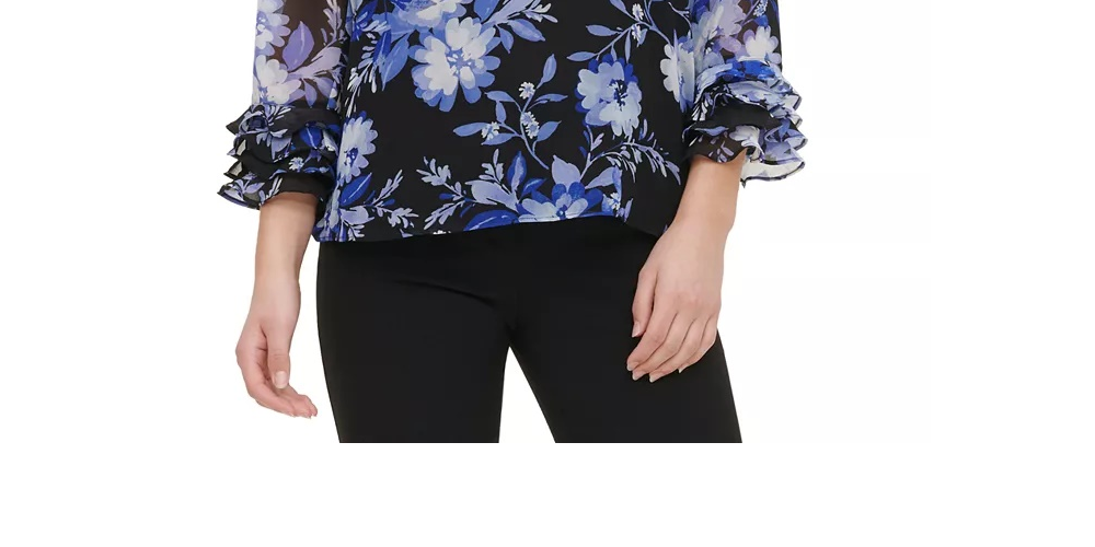 Calvin Klein Women's Printed Ruffle Sleeve Blouse Bright Blue Size Large