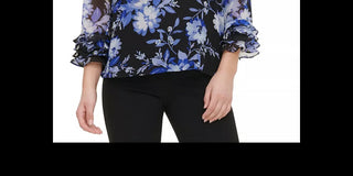 Calvin Klein Women's Printed Ruffle Sleeve Blouse Bright Blue Size Large