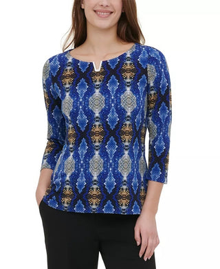 Calvin Klein Women's Embellished 3/4-Sleeve Top Bright Blue Size Small