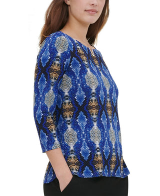 Calvin Klein Women's Embellished 3/4-Sleeve Top Bright Blue Size Small