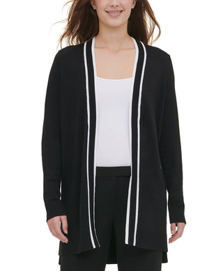 Piped Women's Open-Front Cardigan Black Size Large