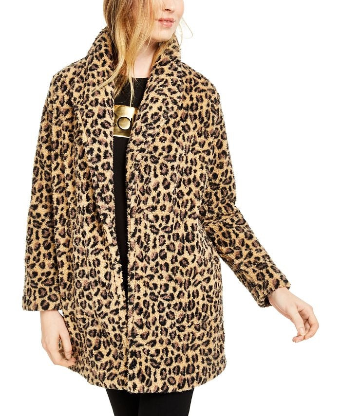 Calvin Klein Women's Leopard-Print Fleece Flyaway Jacket Leo Size Medium
