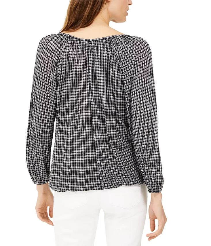 Michael Kors Women's Check-Print Peasant Top Regular & Petite Black Size Large