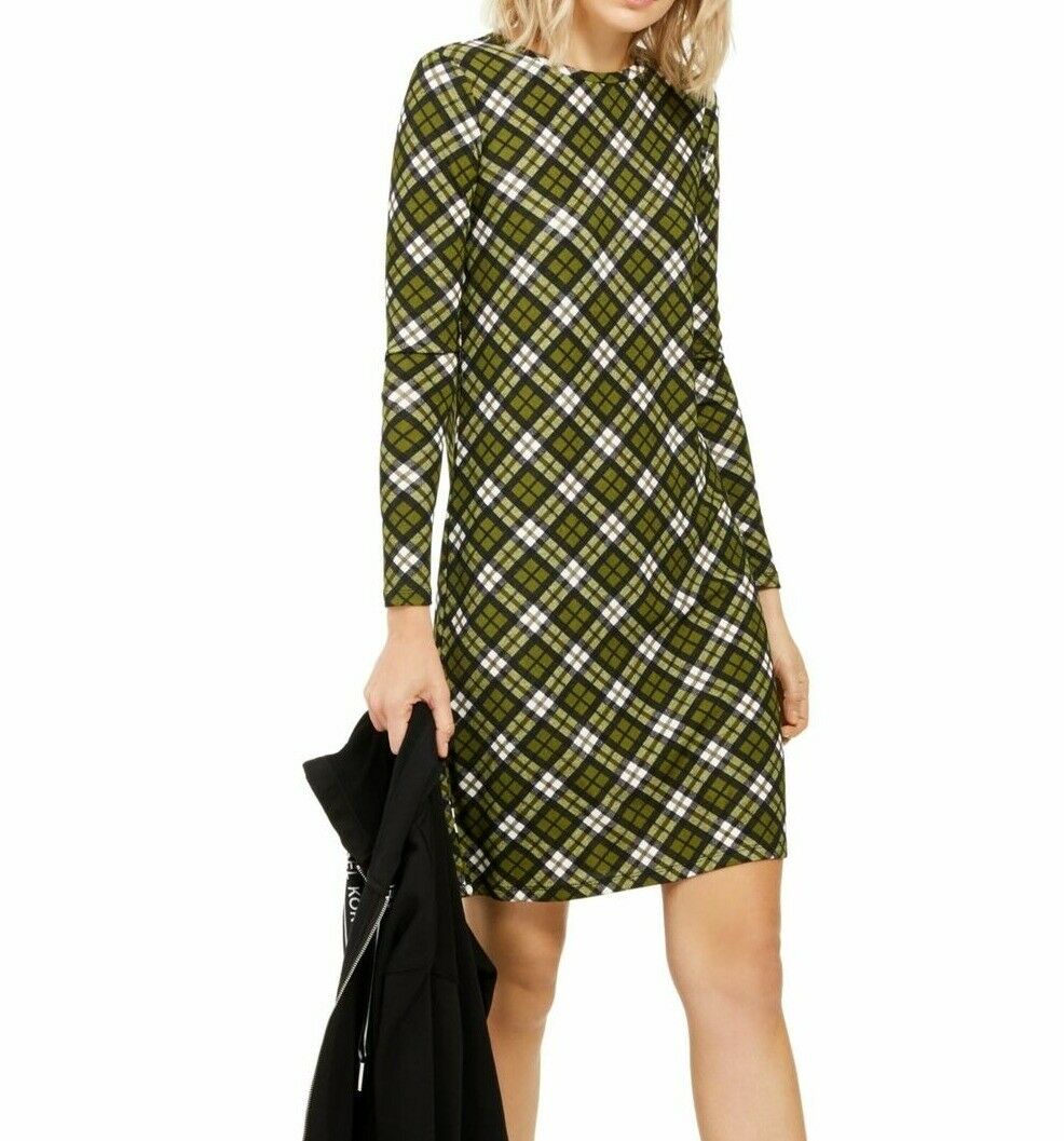 Michael Kors Womens Green Plaid Long Sleeve Knee Length Shift Dress Size: S Green Size Small