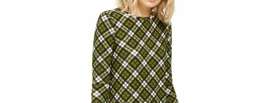 Michael Kors Womens Green Plaid Long Sleeve Knee Length Shift Dress Size: S Green Size Small