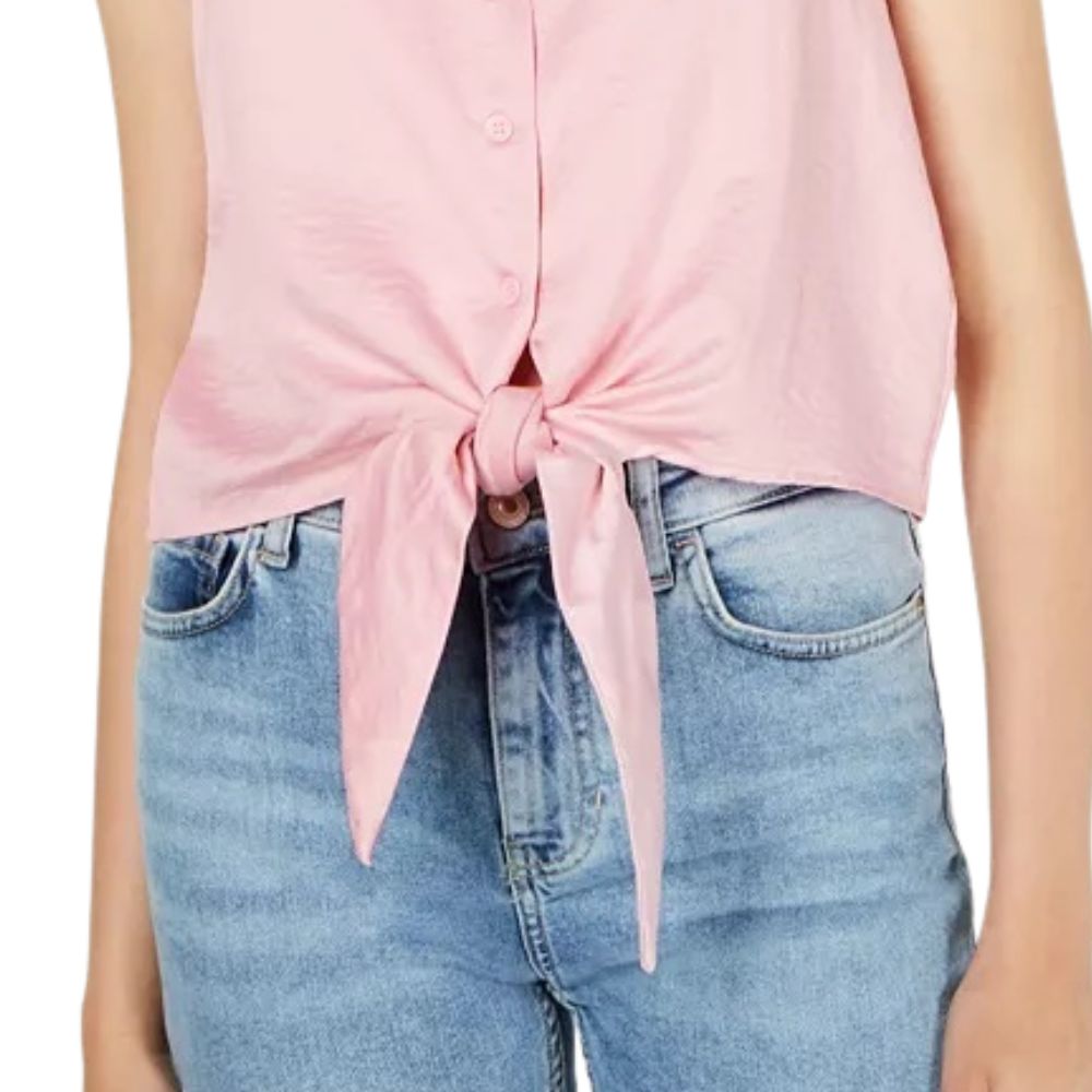 Love Fire Junior's Tie Waist Button Front Cropped Tank Top Pink Size Large