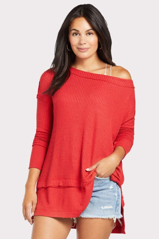 Free People Women's North Shore Thermal Knit Tunic Top  Red Size Small
