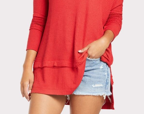 Free People Women's North Shore Thermal Knit Tunic Top  Red Size Small