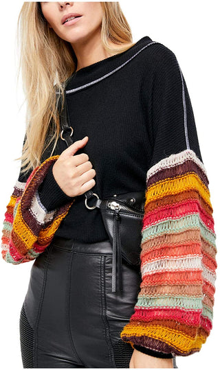 Free People Women's Cha Cha Balloon-Sleeve Sweater Black Size Small